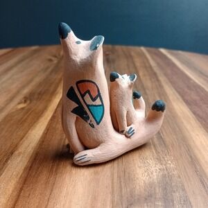 Jemez Pueblo‎ NM Coyote Howling with Baby Signed Pottery Native American Art 3"